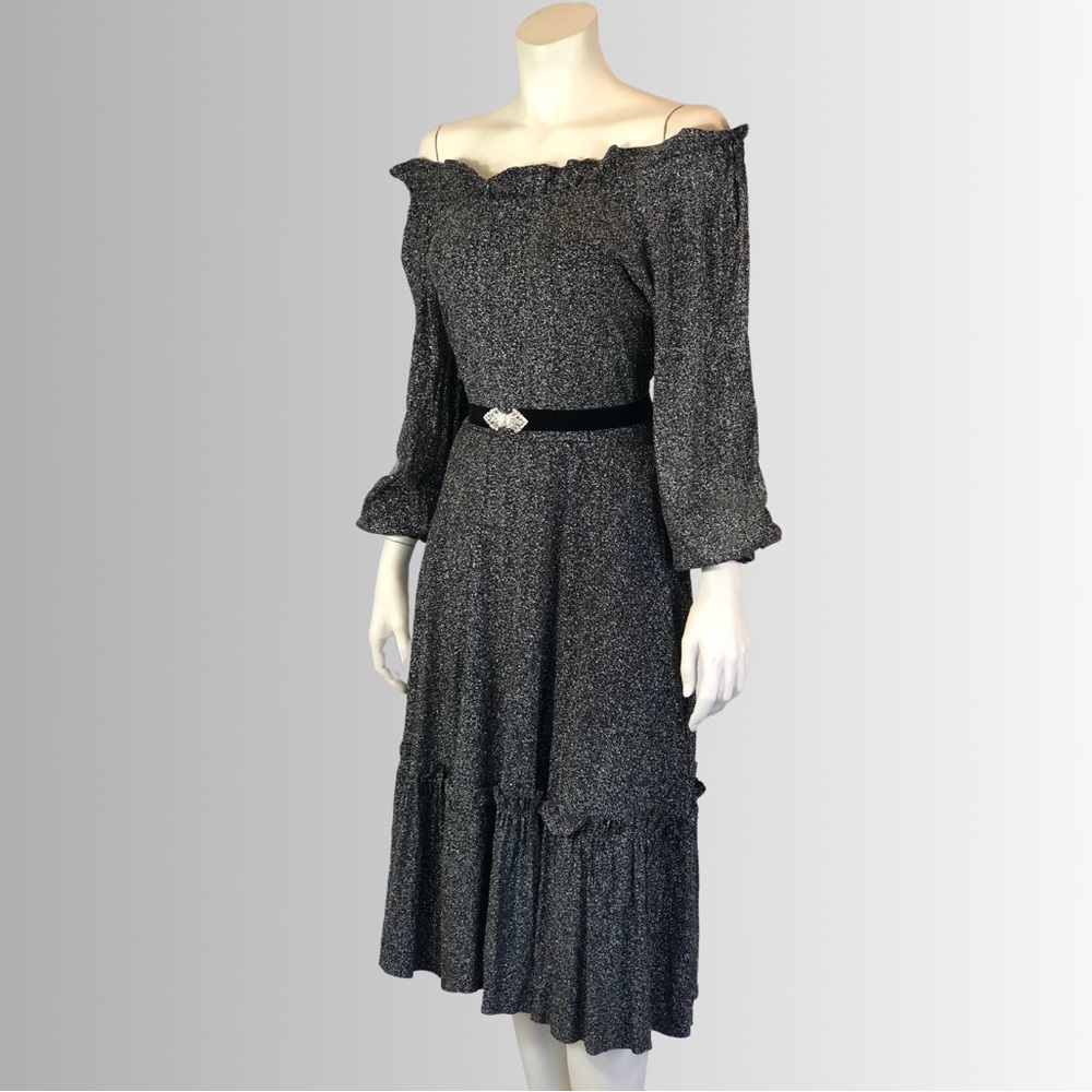 METALLIC OFF the SHOULDER Silver and Black Lurex Boho Full Skirt Dress / S
